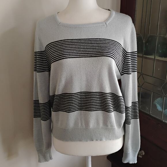 90s Vintage Knit Sweater Striped Gray and Black Size M Square Neck Union Made - Picture 1 of 16